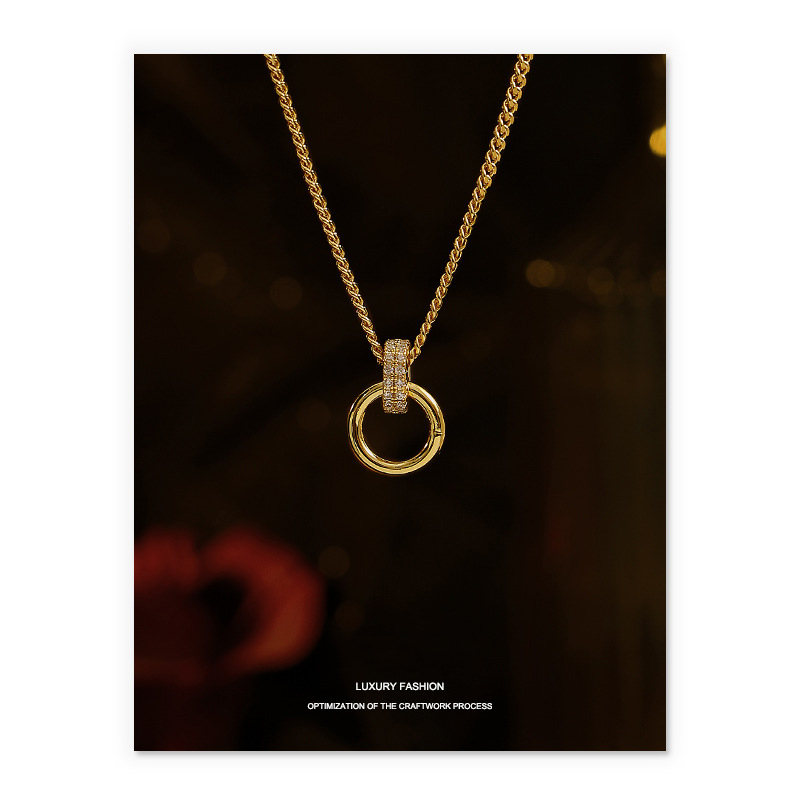 18K Gold Plated Necklace double circular circle hollow cross diamond zircon drop pendant gold chain shining classic simple daily elegant