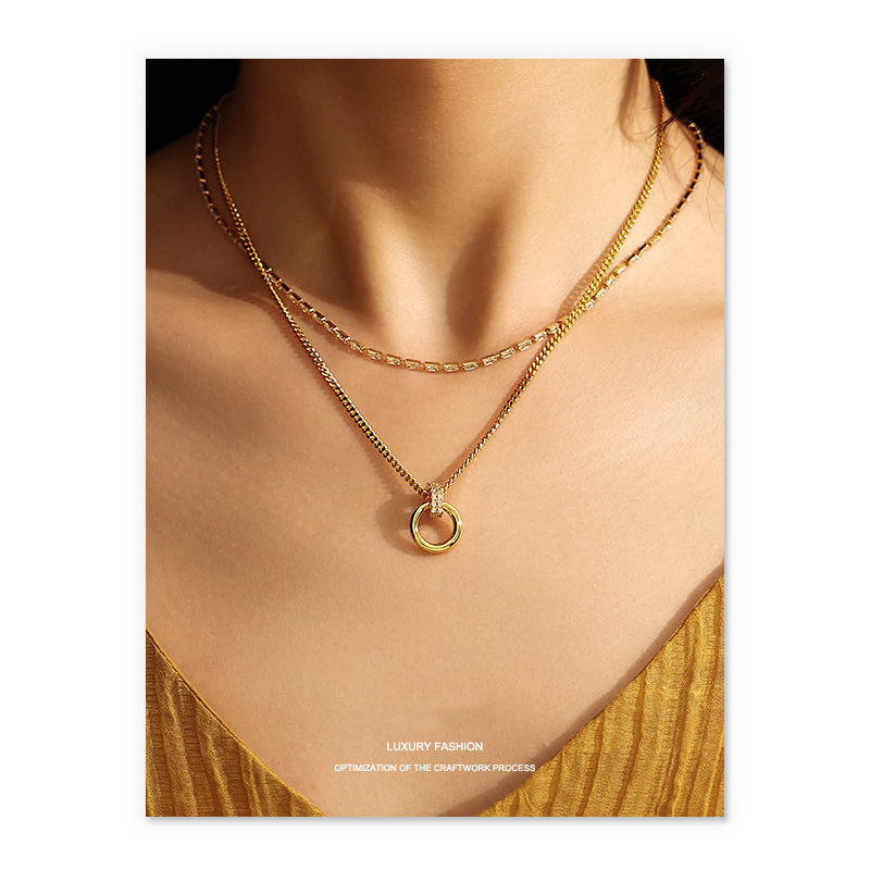 18K Gold Plated Necklace double circular circle hollow cross diamond zircon drop pendant gold chain shining classic simple daily elegant