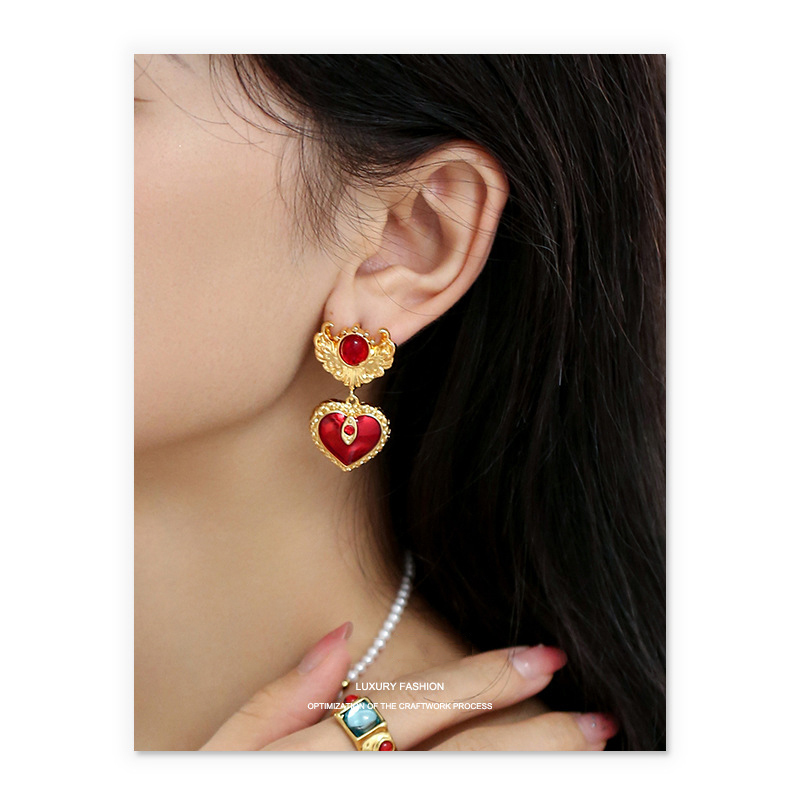 18K Gold Plated Earrings retro red heart crystal diamond medieval vintage circular drop dangle gold hollow unique luxury noble sexy gift ideas