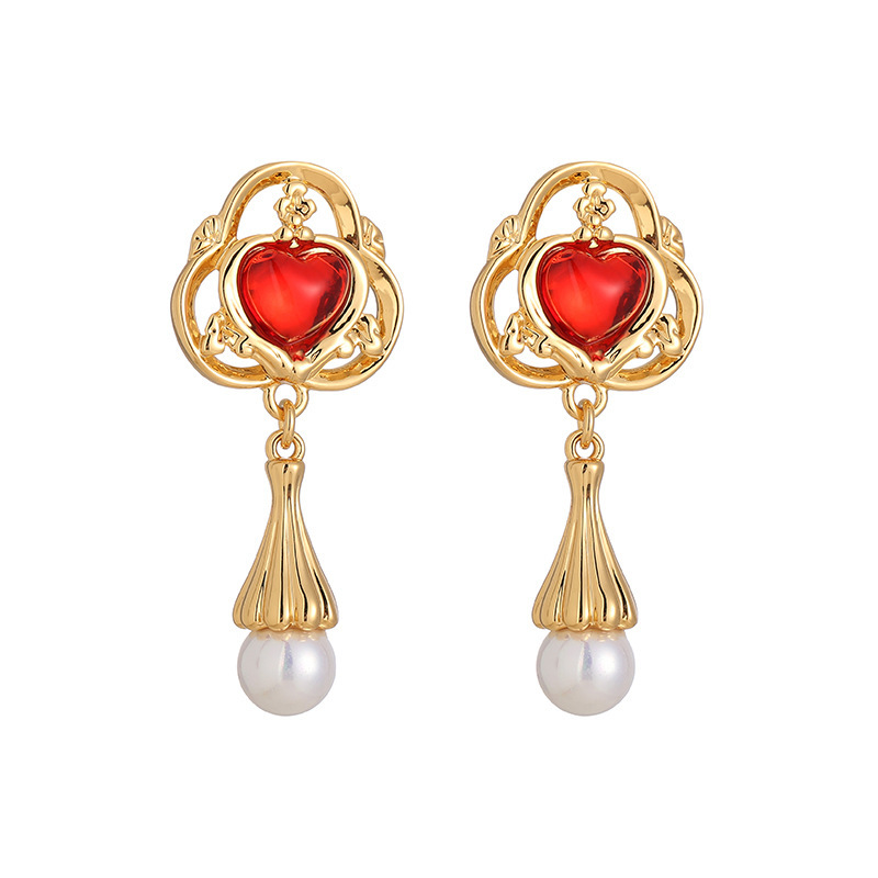 18K Gold Plated Earrings retro red heart crystal diamond pearl medieval vintage dangle gold hollow unique luxury noble sexy gift ideas