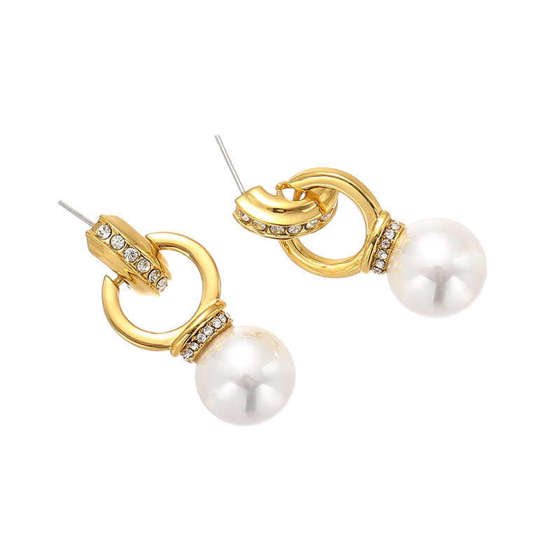 18K Gold Plated Earrings single pearl drop gold diamond zircon hollow circular circle C type shining classic daily wedding bridal bride noble