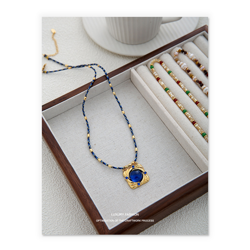 18K Gold Plated Necklace sapphire blue crystal diamond rhinestone golden square drop pendant royal luxury unique charming banquet prom gift ideas