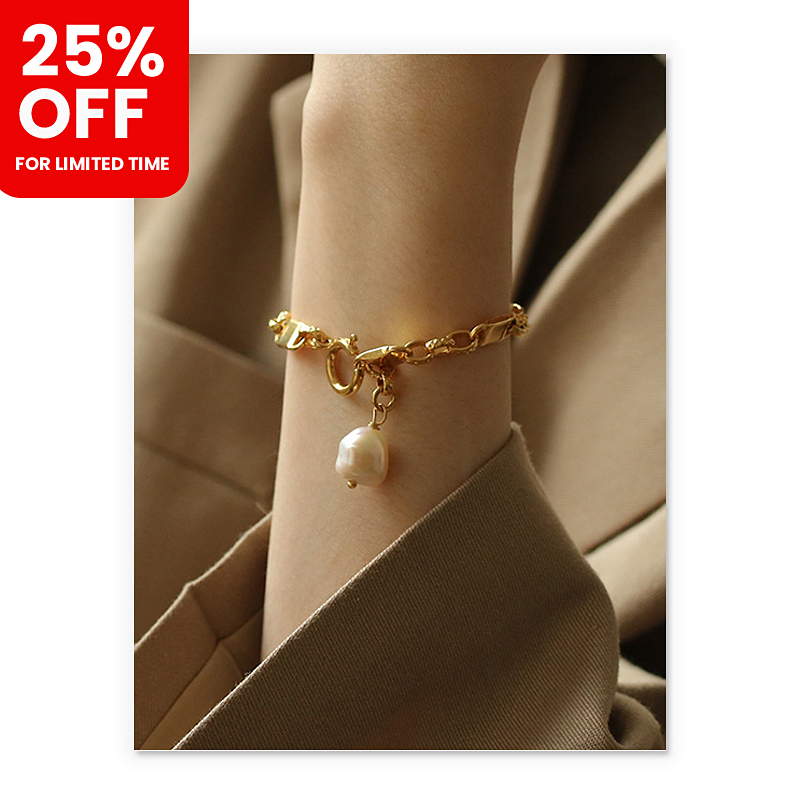 18K Gold Plated Bracelet Natural Pearl Baroque Freshwater Drop Pendant with Golden Chain