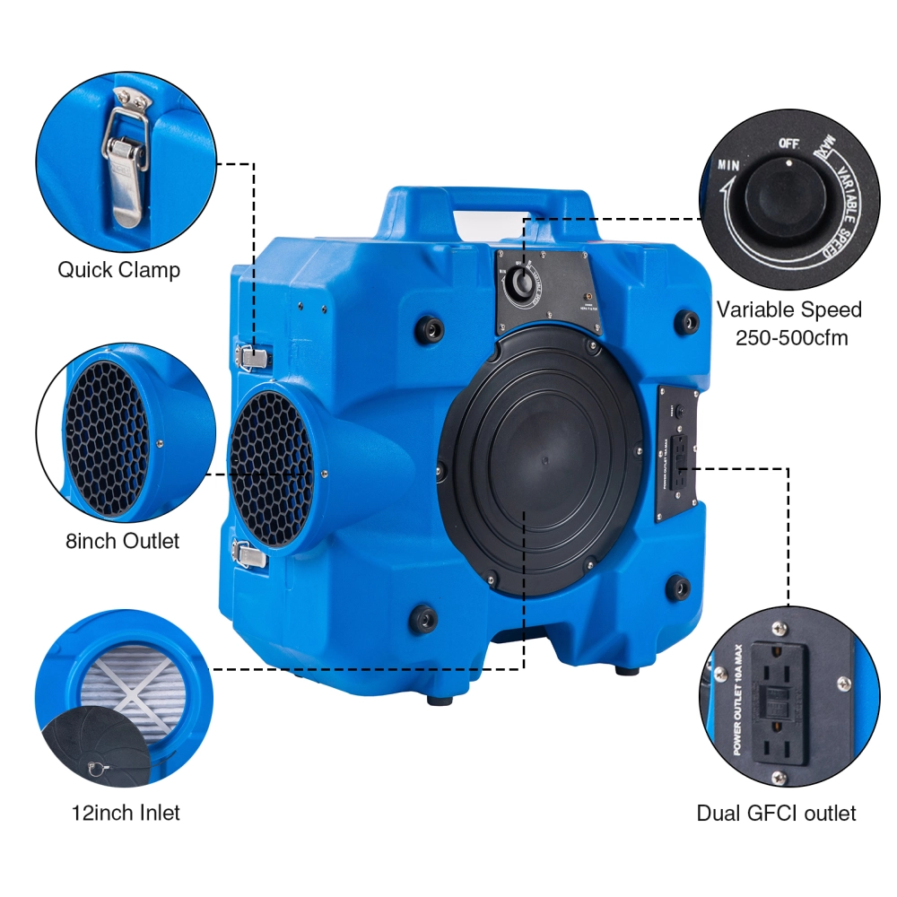 Detailed features of the MOUNTO AF500 including variable speed and GFCI outlet