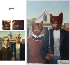 Custom oil portrait-Couple cats American Gothic