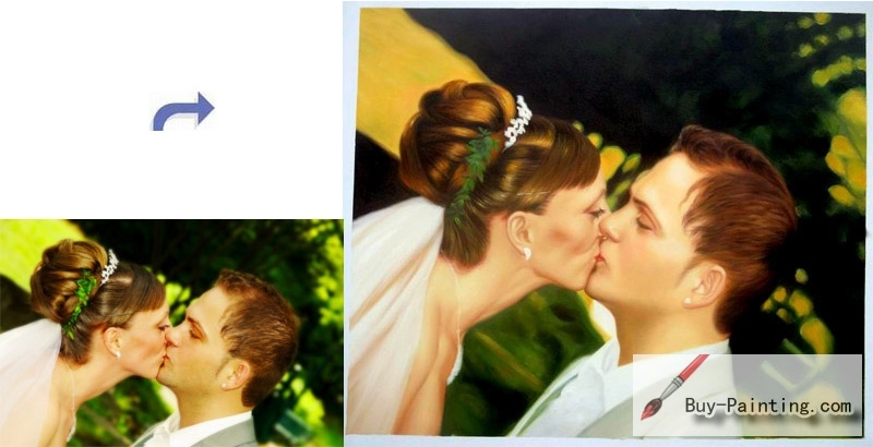 Custom Oil Portrait-The bride and groom kiss in the wind