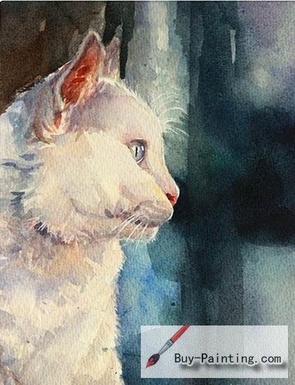 Watercolor painting-Original art poster-Cat with blue background
