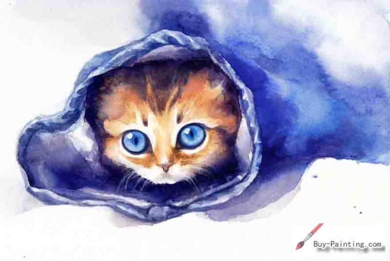 Watercolor painting-Original art poster-Cat wrapped in blue cloth