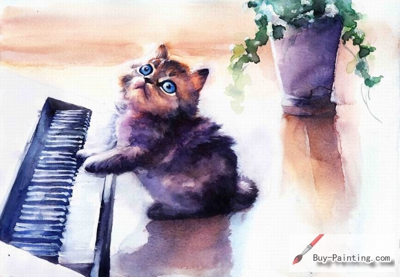 Watercolor painting-Original art poster-Cat playing the piano