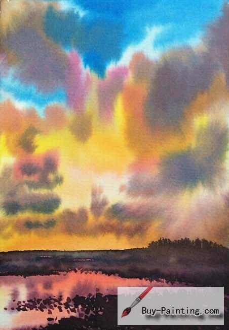 Watercolor painting-The pond under the clouds