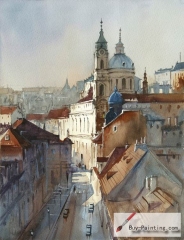 Watercolor painting-The building beside the street