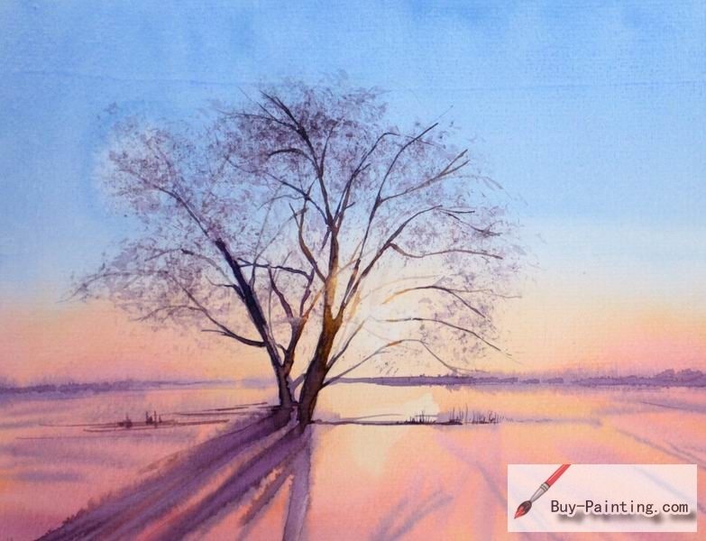 Watercolor painting-Trees under the setting sun