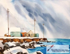Watercolor painting-The village by the seaside