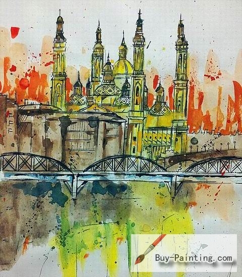 Watercolor painting-Castle and Bridge