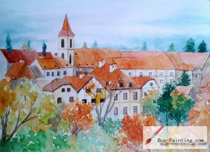 Watercolor painting-Red roof house