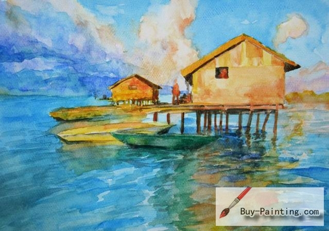 Watercolor painting-House in the river