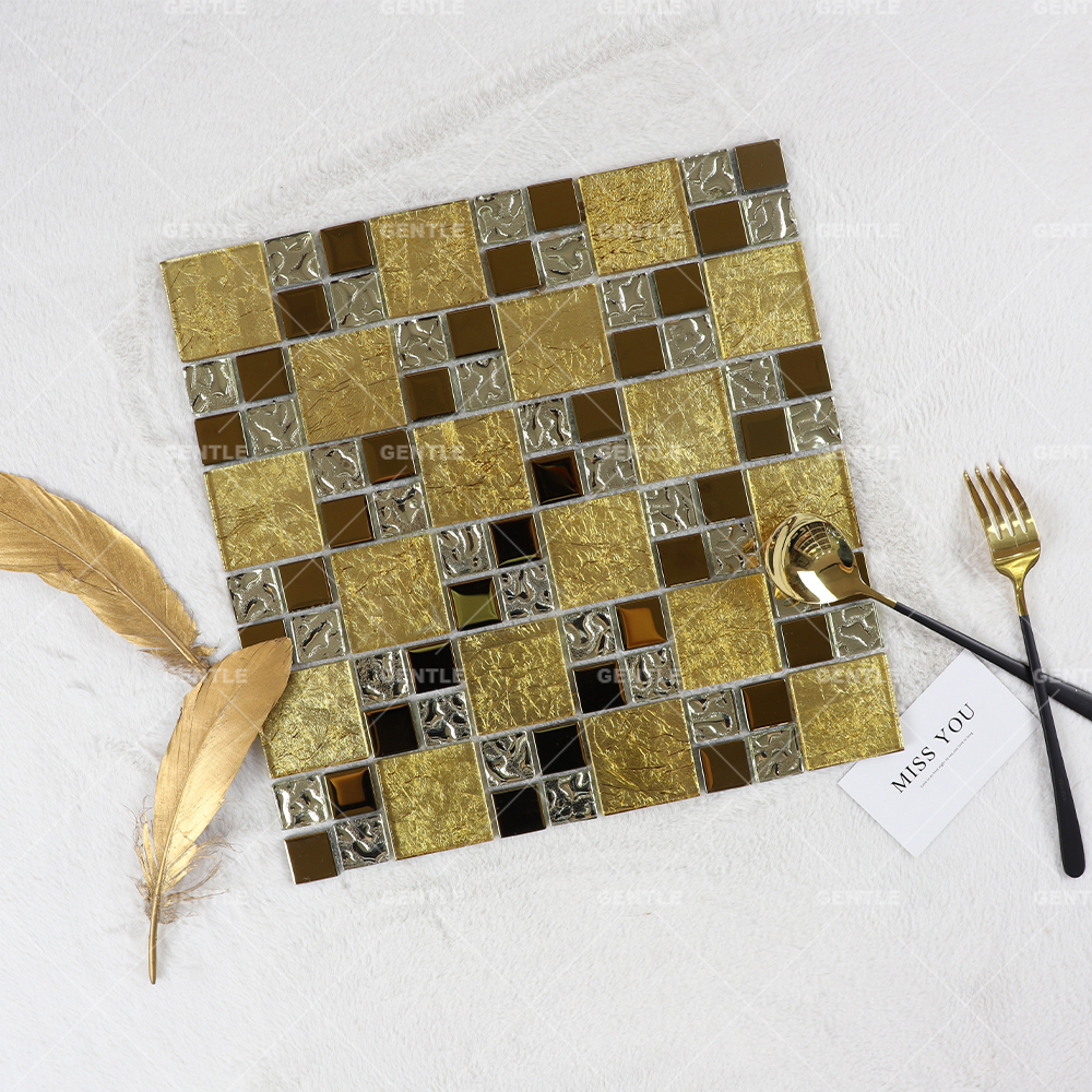 Custom Gold Big And Small Square Shape Glass Mosaic Tiles