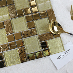 Wholesale Yellow Slik And Glossy Gold Chips Mixed Glass Mosaic Tiles