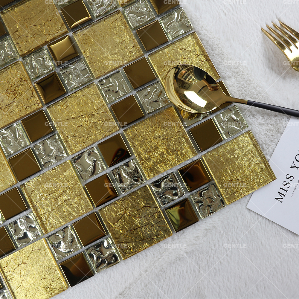 Custom Gold Big And Small Square Shape Glass Mosaic Tiles
