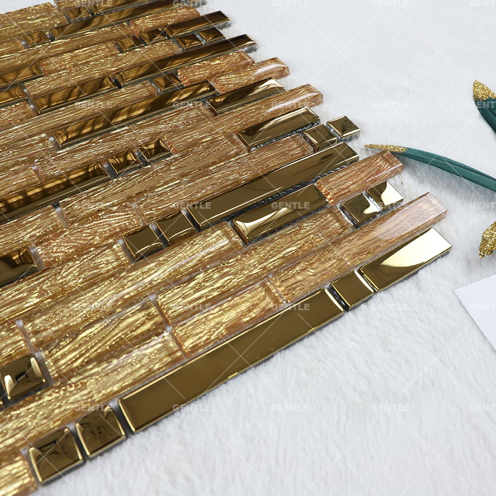 Wholesale Gold Silk Texture Strip Shape Glass Mosaic Tiles