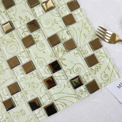 Custom White With Gold Flower Pattern Glass Mosaic Tiles