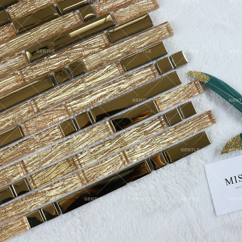 Wholesale Gold Silk Texture Strip Shape Glass Mosaic Tiles