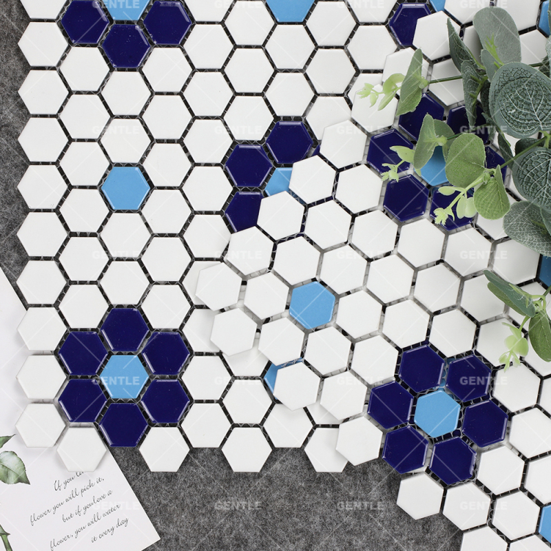 Customize Retro Style Blue & White Hexagonal Porcelain Mosaic Tiles