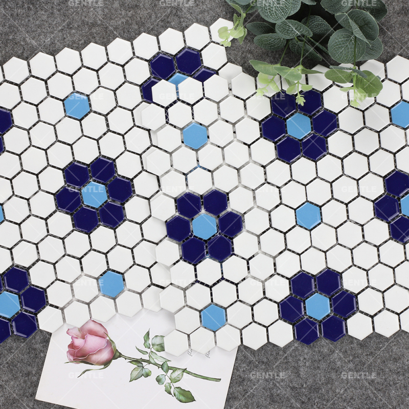 Customize Retro Style Blue & White Hexagonal Porcelain Mosaic Tiles