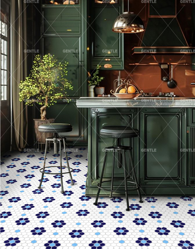 Customize Retro Style Blue & White Hexagonal Porcelain Mosaic Tiles