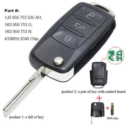 VW Remote Flip Key 3 Btn 315MHz ID48 Chip 1J0 959 753 DA/ AH, 1K0 959 753 G, 1K0 959 753 N
