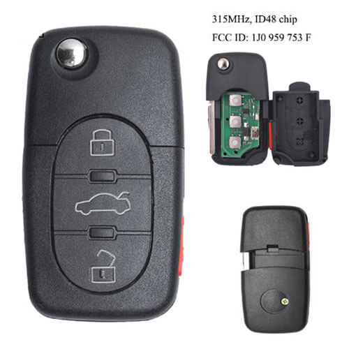 Audi VW Remote Flip Key 4 Btn 315MHz ID48 Chip 4D0 837 231 E/ P/ M, 1J0 959 753 F
