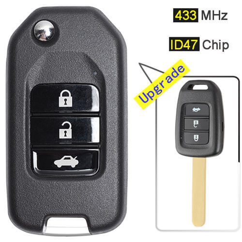 Upgraded Hond*a Flip Key Remote Fob 433MHz 3 Button with ID47 Chip for City Acoord B-RV Civic Crider 2013-2016
