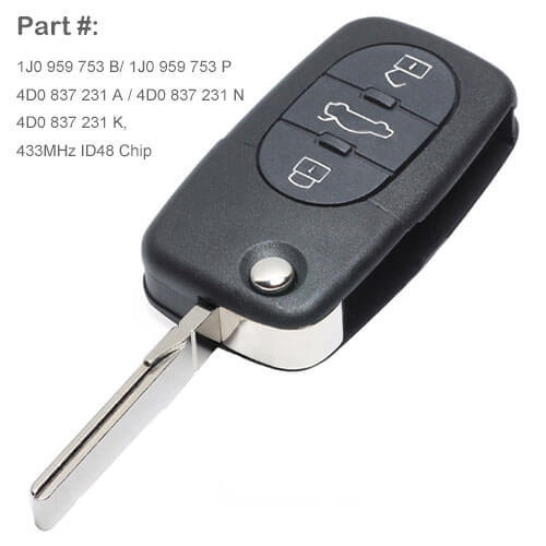 Audi A4 Remote Flip Key 3 Btn 433MHz ID48 Chip -4D0 837 231 A/ N/ K