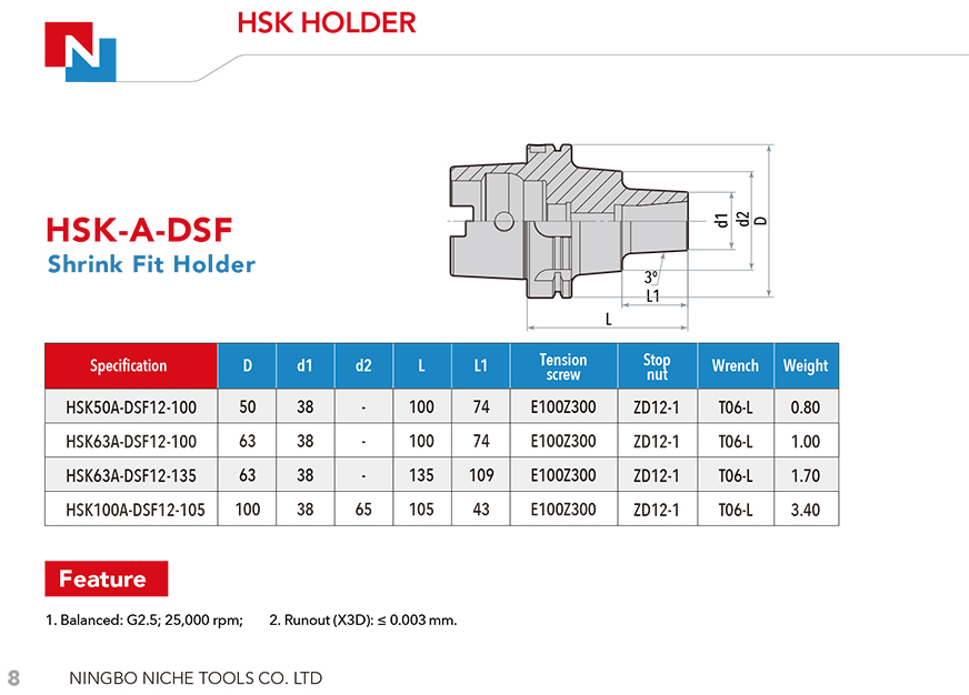 Shrink Fit Holder  HSK-A-DSF  HSK50A /  HSK63A / HSK100A