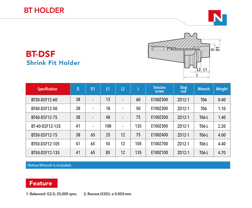 Shrink Fit Holder BT-DSF  BT30 / BT40 / BT50