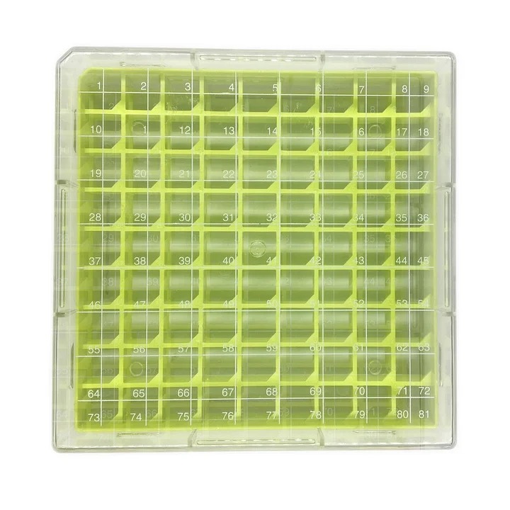 Polycarbonate hypothermia Boxes, Polycarbonate CryoBox Vial Rack, hypothermia Storage, 9 x 9 Array, 81 Place, 130mm Length x 130mm Width x 52mm Height.