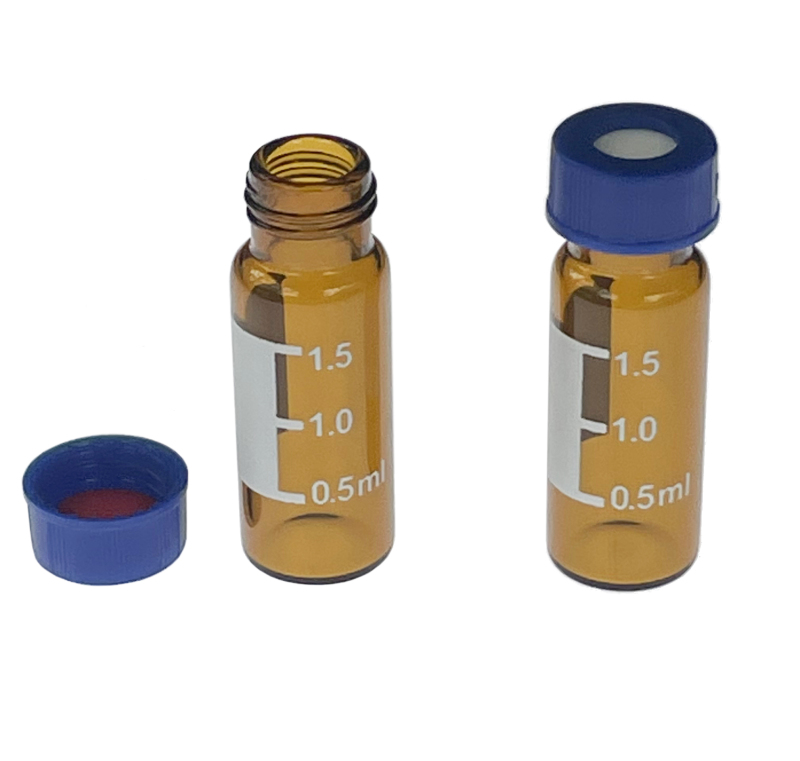 2ml HPLC Vials, Lab Autosampler Vials, Amber Vial with Writing Area and Graduations, Screw Cap, Red PTFE and White Silicone Septa, 100 Pcs/Pack, MH-100AV