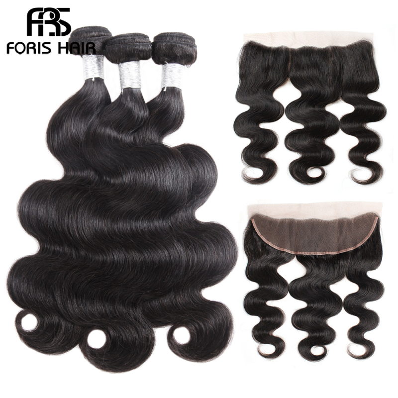 FORIS HAIR Brazilian Body Wave Virgin Hair 3 Bundles With Lace Frontal Closure Natural Color