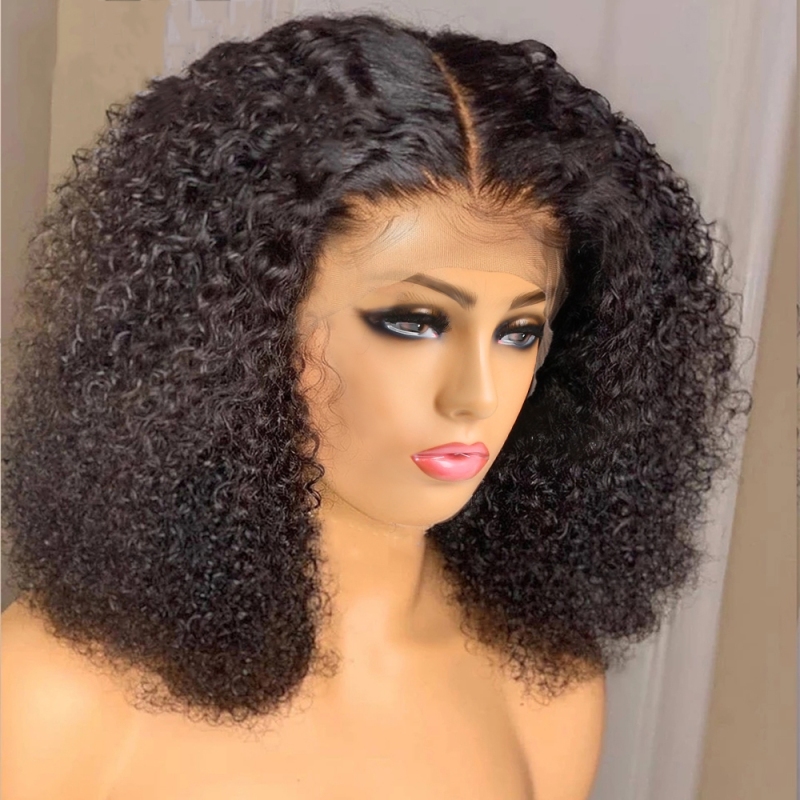 FORIS HAIR HD Transparent Kinky Curly Virgin Human Hair 180% Density Short Bob Lace Wig