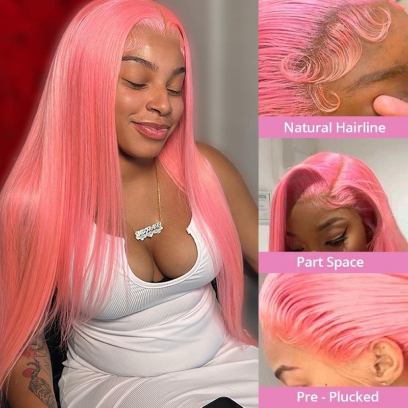 FORIS HAIR Pink 13X4 Transparent Lace Front Wig Brazilian Straight Virgin Human Hair