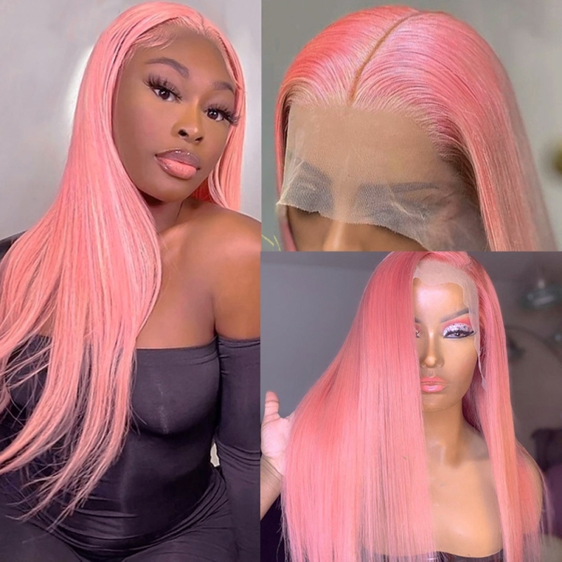 FORIS HAIR Pink 13X4 Transparent Lace Front Wig Brazilian Straight Virgin Human Hair
