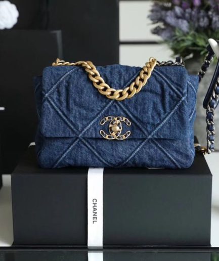 Chanel 19 Handbag Denim Blue For Women, Women’s Flap Bag, Shoulder And Crossbody Bags 10.1in/26cm