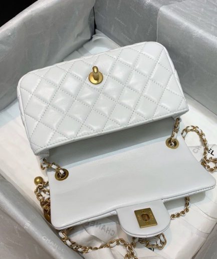 Chanel Flap Bag With CC Ball On Strap White For Women, Women’s Handbags, Shoulder And Crossbody Bags 7.8in/20cm