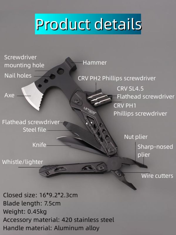 15 In 1 Multitool Camping Axe Pliers Outdoor Camping Fire Making Tool Folding Knife Pliers Hammer Portable Life Saving Axe