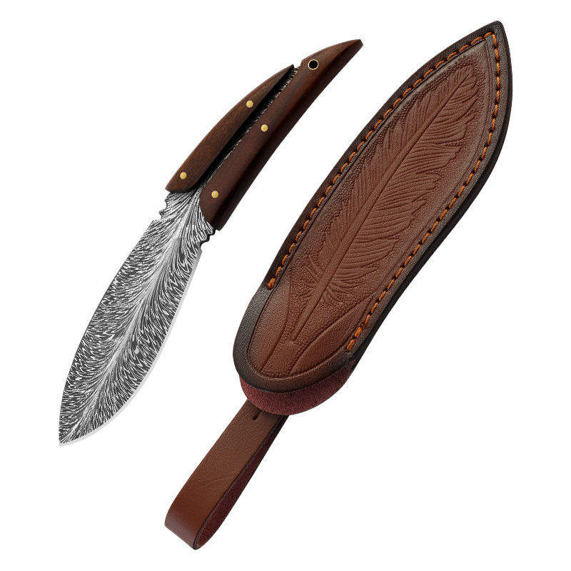 Feather Damascus Pattern Rosewood Tactical Knife