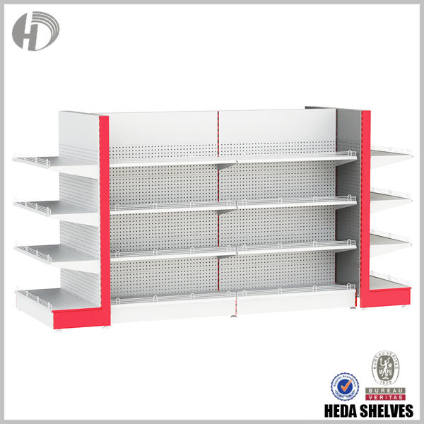 Red and White Supermarket Gondola Shelves With Fence