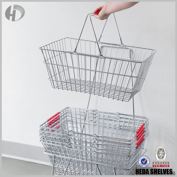 Chrome Wire Grocery Shopping Basket with Plastic Handles