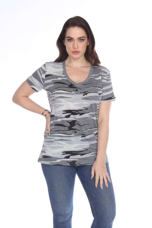 4003C Junior's Camo Print V-Neck Tee