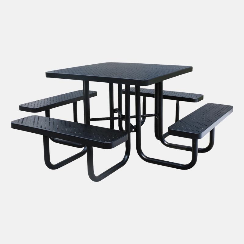 Perforated metal picnic set surfaces on the yalau 46-Inch Black Outdoor Dining Set with Umbrella – Heavy-Duty