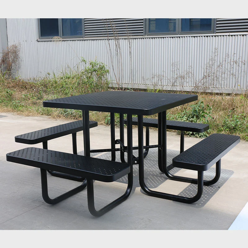 yalau 46-Inch Black Outdoor Dining Set with Umbrella – Heavy-Duty table and benches in an outdoor courtyard